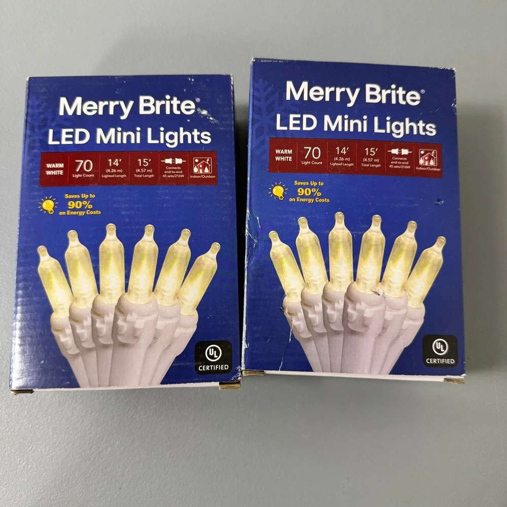 Merry Brite 70 Count Warm White LED Mini‎ Lights Indoor Outdoor2 Boxes Total